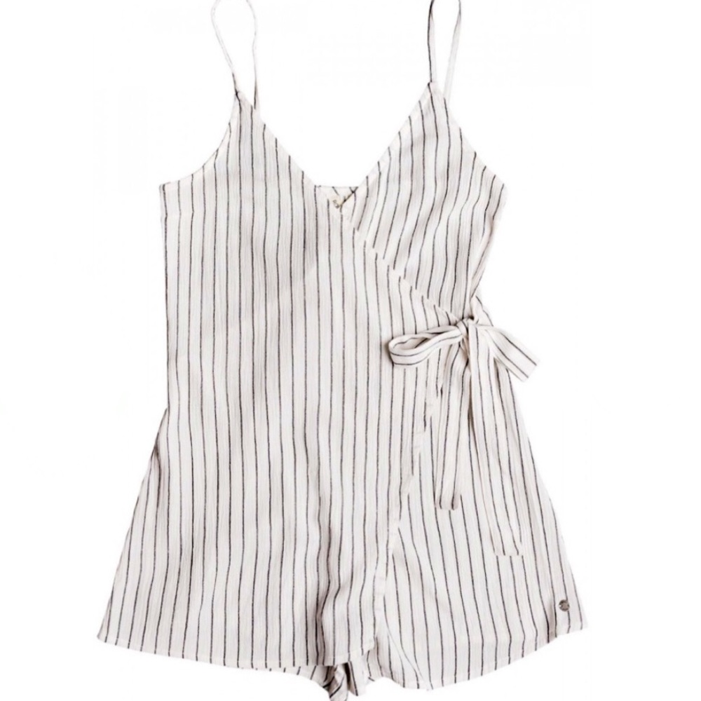 ROXY Striped, Front-Wrap, Strappy Romper Dress